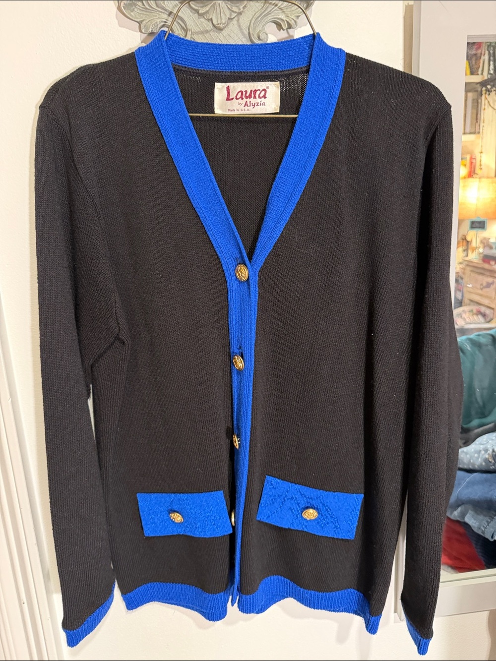 Vintage Black Cardigan Blazer with Royal Blue Trim